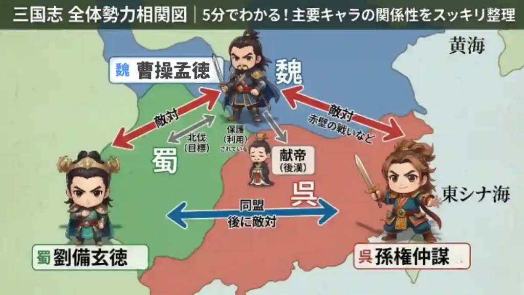 三国志の全体勢力相関図。マップ上に魏(曹操)、蜀(劉備)、呉(孫権)の位置と、敵対・同盟などの関係性を矢印で図解。中央には魏に保護・利用される後漢の献帝も配置し、複雑な三国志の勢力図を直感的にスッキリ理解できるように整理した画像です。