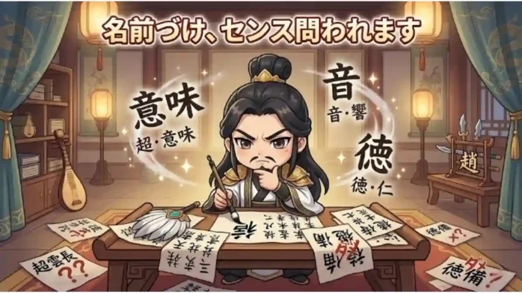 Gemini の回答
タイトル「名前づけ、センス問われます」。書斎で筆を持ったちびキャラの諸葛亮が、真剣な表情で名前を考えているイラスト。彼の周囲には「意味」「音」「徳」といった文字が浮かび、机や床には漢字を書き散らしたボツ案の紙が広がっています。知的で少しコミカルな雰囲気です。