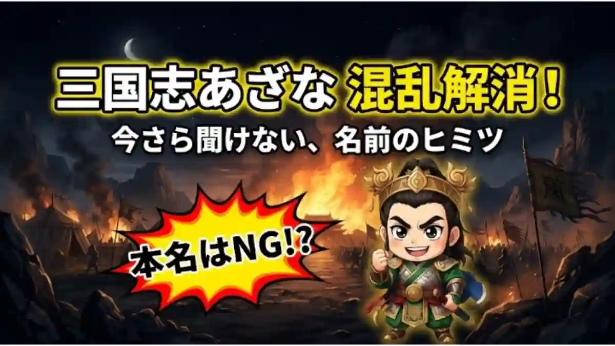 YouTubeサムネイル風の三国志「あざな」解説アイキャッチ。炎の戦場を背にガッツポーズするちびキャラの劉備。テキスト：「三国志あざな 混乱解消！」「今さら聞けない、名前のヒミツ」「本名はNG!?」。