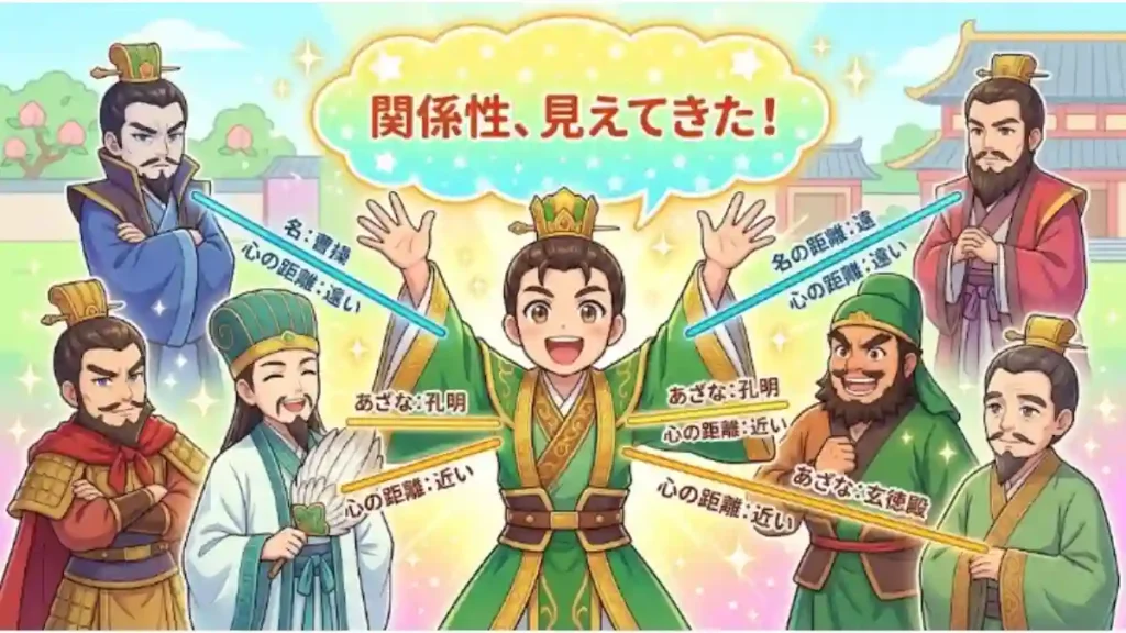 Gemini の回答
「関係性、見えてきた!」と喜ぶ主人公を中心に、周囲の三国志の人物たちとの関係性を線で結んだ図解イラストです。「名」で呼ぶ相手は青い線で「心の距離:遠い」、「あざな」で呼ぶ相手は黄色い線で「心の距離:近い」と示され、呼び方による心理的な距離感の違いが明るいタッチで可視化されています。