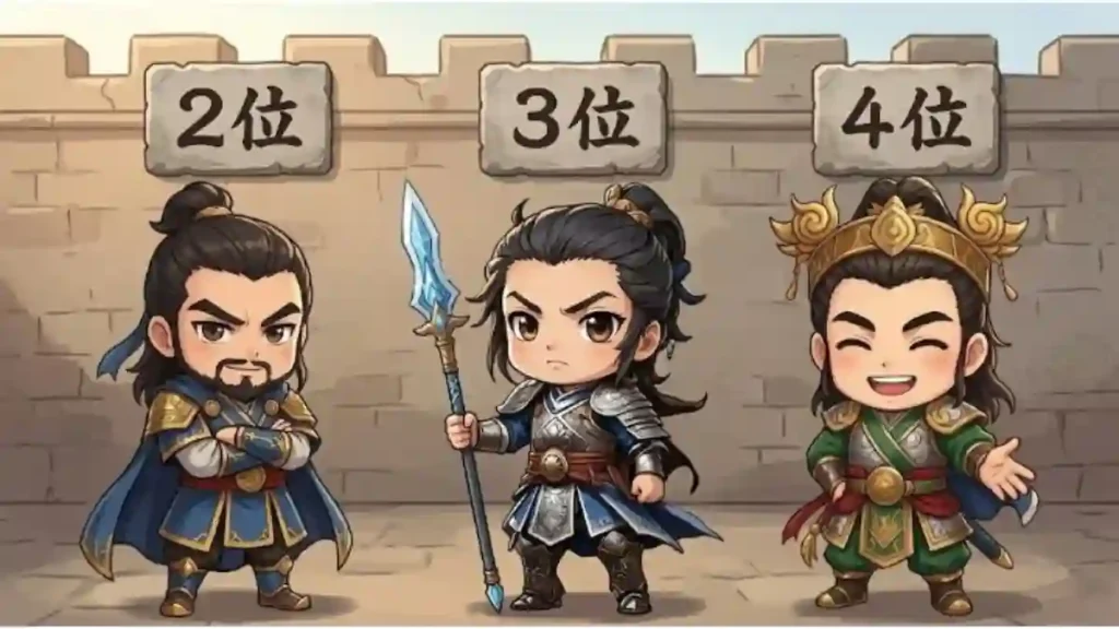 「2位・3位・4位」の石板の前に並ぶ三国志のちびキャラ。左から腕組みをして余裕を見せる曹操、槍を構える趙雲、笑顔で手を差し伸べる劉備。背景はシンプルな城壁で、各武将の個性を引き立てる温かみのある2Dアニメ調のイラスト。ランキング形式の内容を直感的に伝えます。