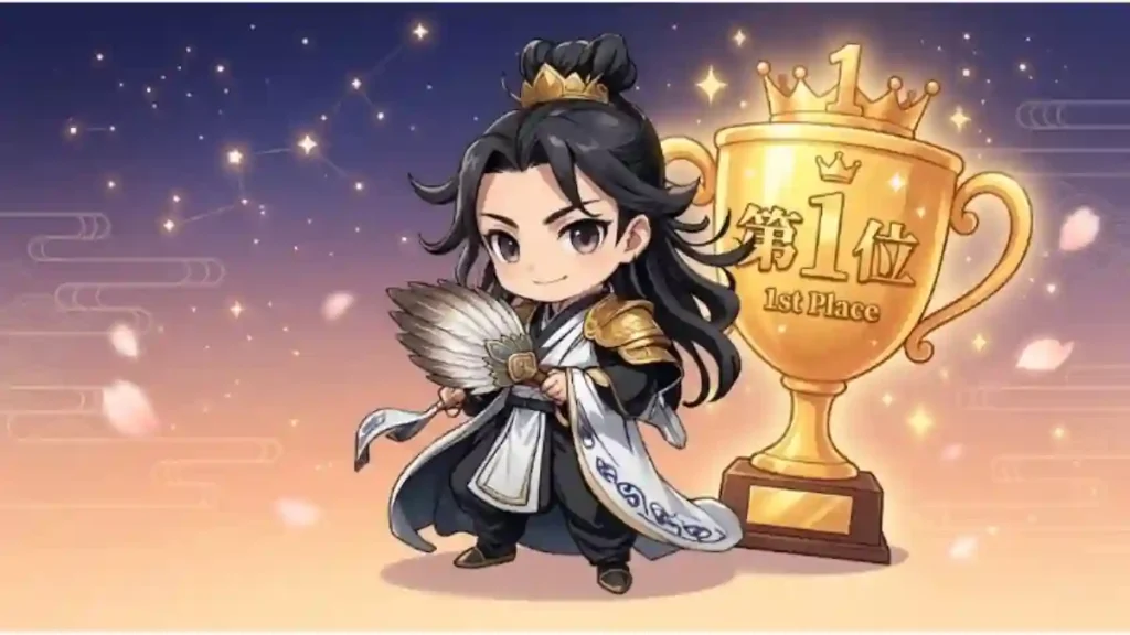 「第1位」と書かれた大きな金色のトロフィーの横で、羽扇を手にした諸葛亮孔明のちびキャラが穏やかに微笑んでいるイラスト。温かみのある2Dアニメ調で、背景には夜明けのようなグラデーションと薄い星空が広がっています。ブログの見出し下に適した、親しみやすくお祝い感のあるデザインです。