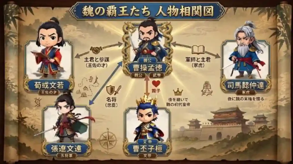 魏の覇王たちの相関図。巻物風の背景に、中央の曹操孟徳を軸として、荀彧(王佐の才)、司馬懿(冢虎)、曹丕(初代皇帝)、張遼(五将軍)との関係を図解。洛陽の城郭や竹林の装飾をあしらい、実力主義で覇道を突き進む魏の主要メンバーと、継承や信頼の絆を重厚なデザインでスッキリ整理した解説画像です。