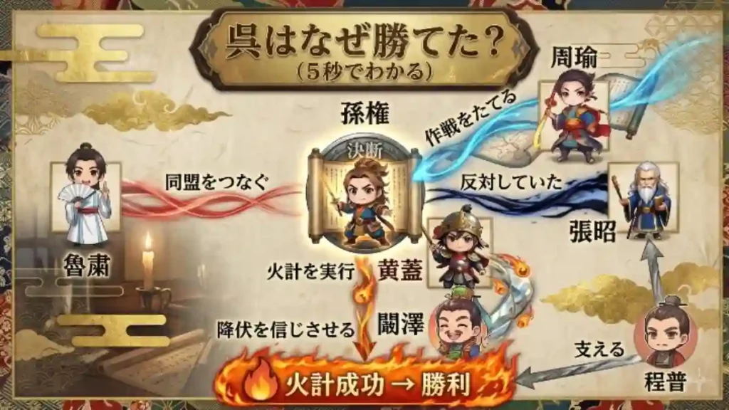 「呉はなぜ勝てた？」を図解した人物相関図。中央の孫権（決断）を中心に、魯粛（同盟）、周瑜（作戦）、張昭（反対）を配置。孫権から下へ黄蓋（火計実行）、闞澤（降伏偽装）を経て「火計成功→勝利」へ至る流れを描き、右下に程普（支える）を配置。各役割を和風ちびキャラで分かりやすく表現しています。