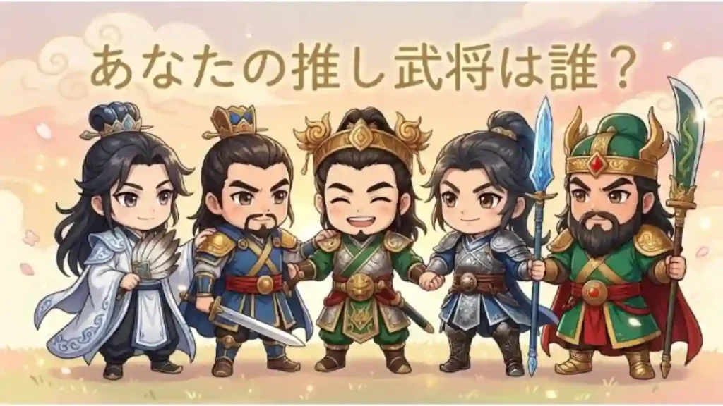 「あなたの推し武将は誰？」という文字を背景に、諸葛亮・曹操・劉備・趙雲・関羽のちびキャラ5人が笑顔で一列に並ぶイラスト。全員が肩を組んだり手を繋いだりして仲睦まじい様子で、温かみのある2Dアニメ調で描かれています。三国志ブログの締めくくりに最適な、親しみやすく華やかなエンディング画像です。