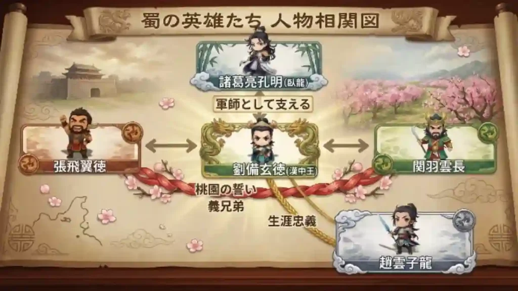 蜀の英雄たちの相関図。巻物風の背景に、中央の劉備玄徳を囲む諸葛亮孔明(軍師)、関羽雲長・張飛翼徳(桃園の誓い・義兄弟)、趙雲子龍(生涯忠義)の関係を豪華な装飾と矢印で図解。成都の城や桃園の風景をあしらい、蜀漢主要メンバーの絆をスッキリと、かつ情緒豊かに整理した解説画像です。