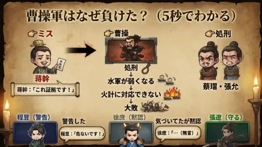 「曹操軍はなぜ負けた？（5秒でわかる）」を解説する人物相関図。蒋幹のミスにより曹操が水軍の将（蔡瑁・張允）を処刑。その結果、水軍が弱体化し、火計に対応できず大敗するまでの流れを図解。下段には程昱（警告）、徐庶（黙認）、張遼（守る）の役割も添えられている。
