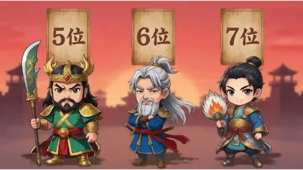 「5位・6位・7位」と書かれた木の札の前に並ぶ三国志のちびキャラ3人。左から関羽、司馬懿、周瑜。関羽は青龍偃月刀を持ち、司馬懿は腕組み、周瑜は羽扇を持つ。背景は夕焼けと古代中国の建物。温かみのある2Dアニメ調のイラスト。