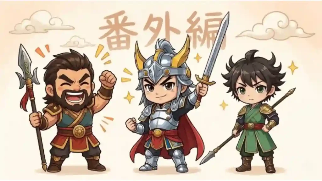 「番外編」の文字を背景に、張飛・馬超・姜維の3人のちびキャラが元気に並ぶイラスト。豪快に笑う張飛、きりっと剣を掲げる馬超、少し神妙な姜維がそれぞれの武器を手にポーズをとっています。温かみのある2Dアニメ調で描かれた、ブログの番外編記事に最適な親しみやすいデザインです。