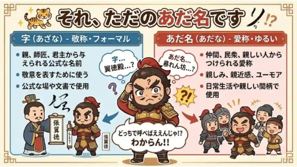 三国志の「字(あざな)」と「あだ名」の違いを解説した図解イラスト。中央で混乱するちびキャラの張飛を挟み、左側にはフォーマルな「字」の解説と敬意を払う様子、右側には親しみやすい「あだ名」の解説と仲間と笑い合う様子が対比されています。上部には「それ、ただのあだ名です」というタイトルが添えられています。