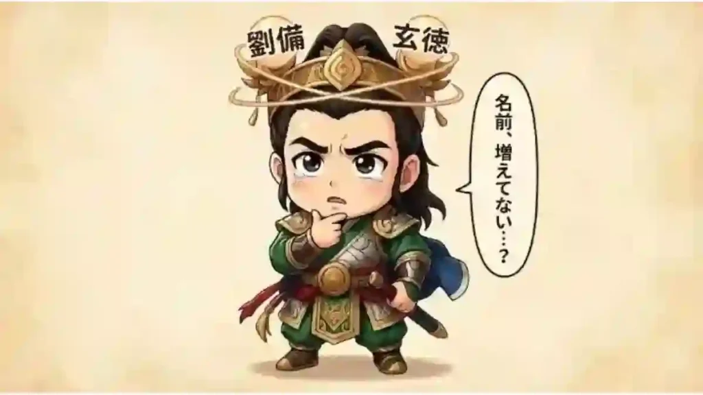 三国志の劉備(玄徳)がちびキャラ風に描かれたイラスト。困惑した表情の劉備の頭上で「劉備」「玄徳」という2つの名前がぐるぐる回っており、横の吹き出しには「名前、増えてない…?」というセリフが書かれています。羊皮紙風の背景に、柔らかいタッチで描かれた親しみやすい漫画風のデザインです。
