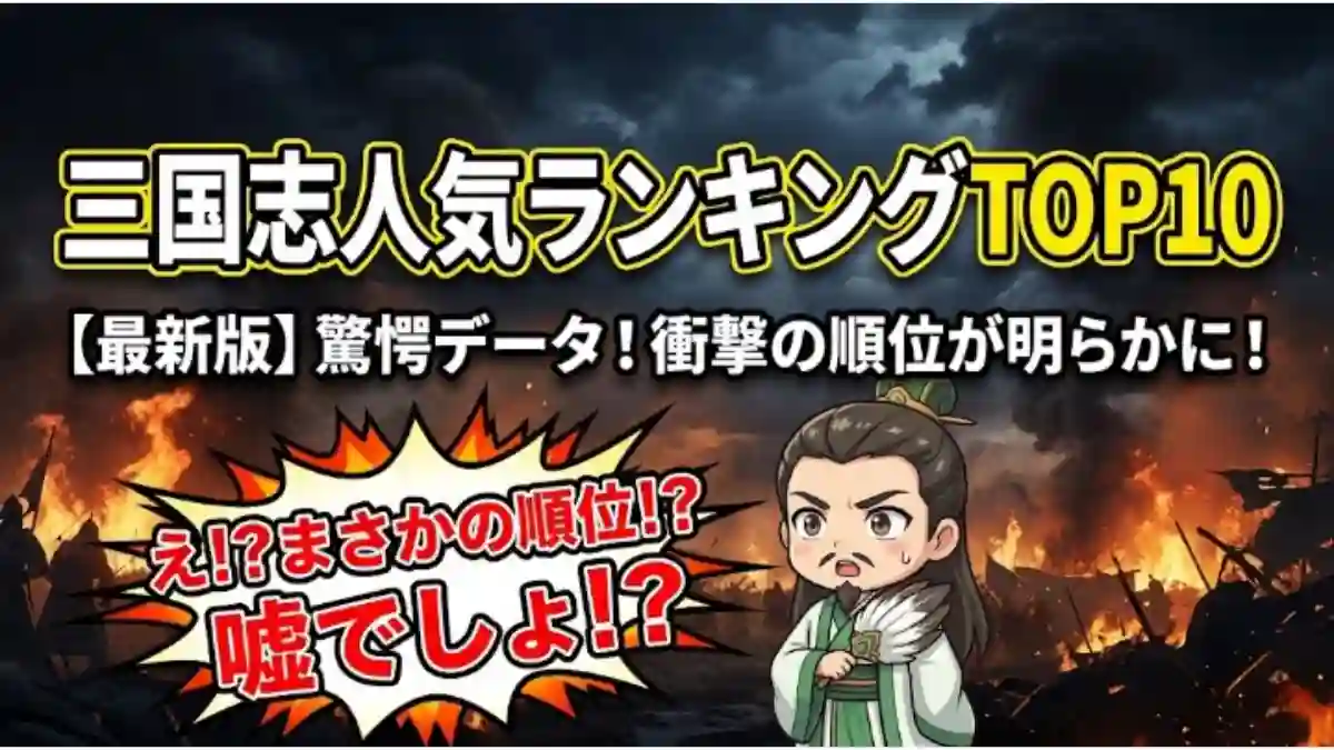 三国志の人気ランキング記事用アイキャッチ画像。燃え盛る古代中国の戦場を背景に、驚いた表情の諸葛亮のチビキャラを配置。「三国志人気ランキングTOP10」「【最新版】驚愕データ！衝撃の順位が明らかに！」という大きな見出しと、爆発風の吹き出しに「え！？まさかの順位！？嘘でしょ！？」という文字が入っています。
