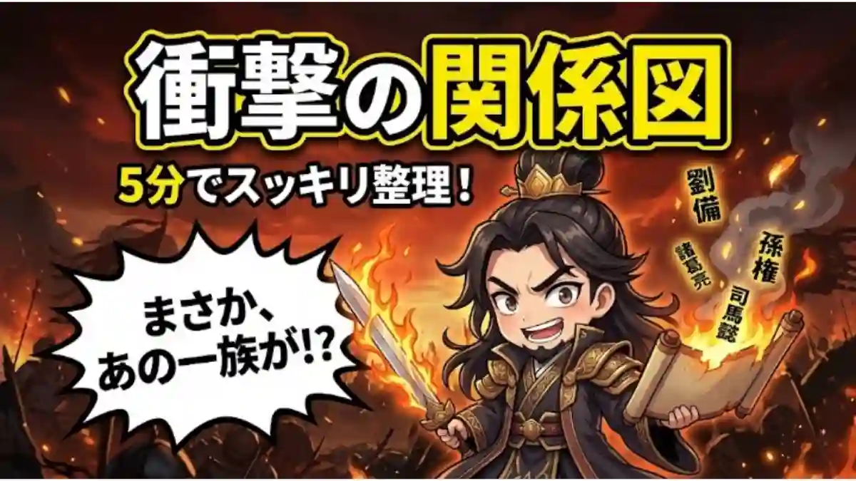 戦火に包まれた三国志の戦場を背景に、剣と巻物を持つ軍師諸葛亮のチビキャラが描かれたブログアイキャッチ画像。「衝撃の関係図」という大きなタイトルと「まさか、あの一族が!?」という爆発風の吹き出しがあり、YouTubeサムネイル風の高コントラストでドラマチックなデザイン。