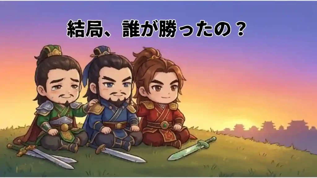 三国志の最後(晋による統一)を図解。魏(曹操)、蜀(劉備)、呉(孫権)の三国鼎立が終わり、司馬炎が建てた晋(西晋)が全土を統一したことを直感的に示す。上部の問いかけに答え、三国の君主が晋の前にいる構図で、複雑な三国志の結末をスッキリ理解させる解説画像です。