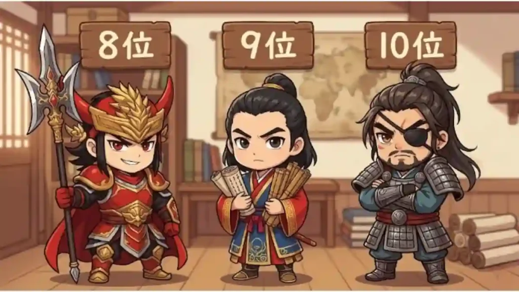 「8位、9位、10位」の木の立て札の前に並ぶ三国志のちびキャラ3人。左から、方天画戟を持つ自信満々な呂布、書類を抱えた真面目な荀彧、眼帯姿で腕組みする夏侯惇。背景は木を基調とした親しみやすい書斎。温かみのある2Dアニメ調のイラスト。