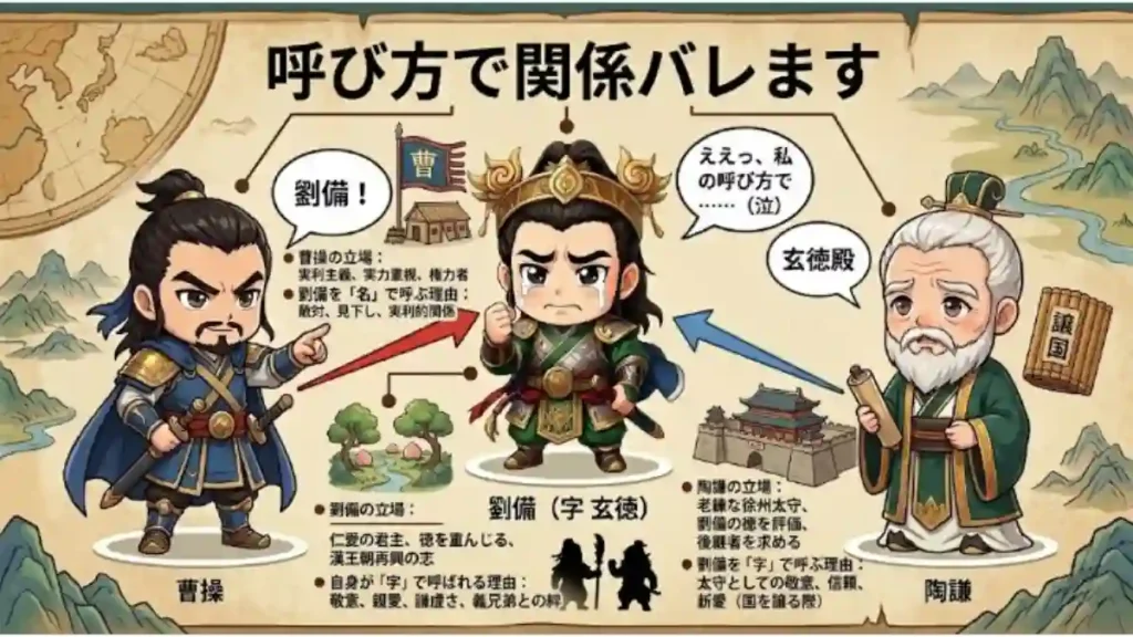 三国志のちびキャラ図解「呼び方で関係バレます」。中央で泣く劉備に対し、左の曹操は敵対的に「劉備!」と名で呼び、右の陶謙は敬意を込めて「玄徳殿」と字で呼んでいる。背景は古地図風で、各々の立場や理由を解説するテキストが添えられている。