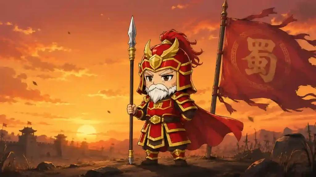 alt="夕焼けの戦場で蜀の旗を背に槍を立てる、白髭の老将・廖化のちびキャライラスト。静かな表情で時代を見届けた歴戦の武将を描く"