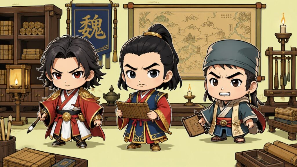荀彧・郭嘉・賈詡の三国志策士3人が並ぶちびキャライラスト。竹簡や筆を手に、魏の旗と書斎を背景に知略を感じさせる構図。