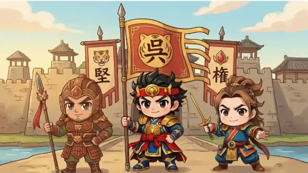 三国志・呉の三代、孫堅・孫策・孫権のちびキャラが、江東の城壁を背景に呉の旗を掲げて並ぶイラスト。中央の孫策が呉旗を持ち、左の孫堅、右の孫権と共に力強く立つ。ファミリー感のある温かい雰囲気で、ブログの見出し下を補足する。