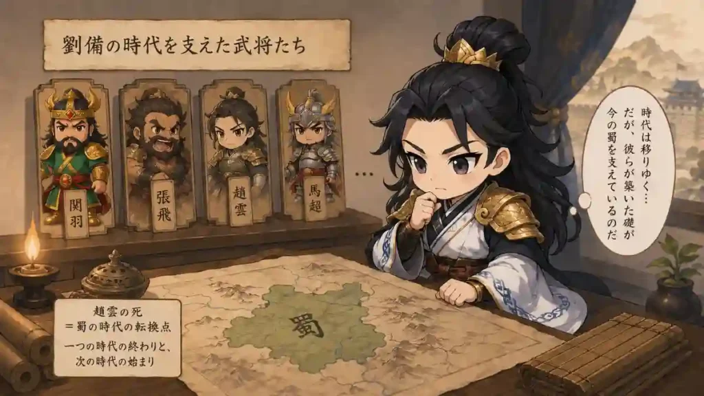 諸葛亮が蜀の地図を前に、関羽・張飛・趙雲・馬超の名札を静かに見つめ、蜀の時代の移り変わりを考えるちびキャライラスト。