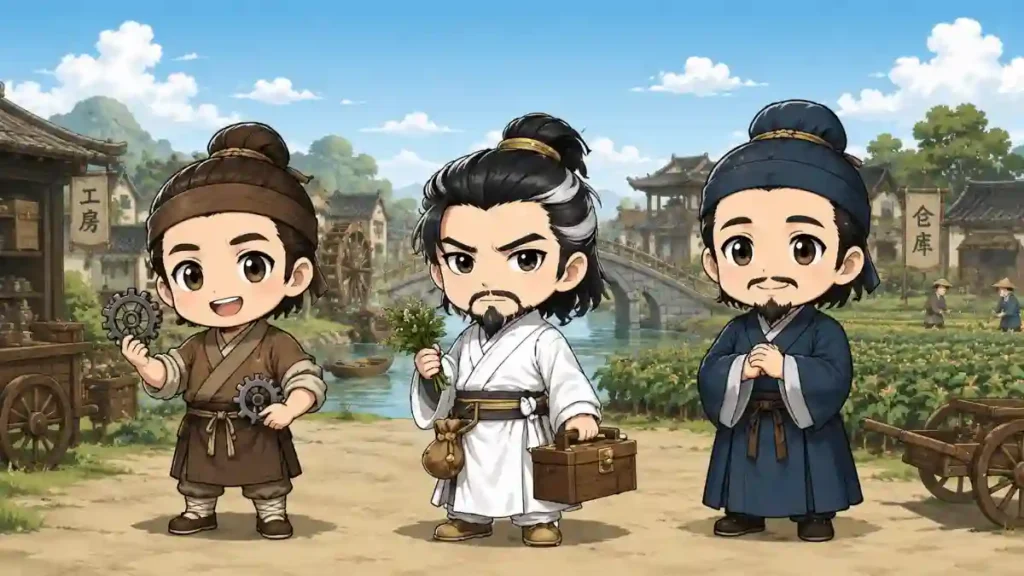 馬鈞・華佗・倉慈の三国志キャラ3人が並ぶちびキャライラスト。町並みや水路を背景に、機械部品・薬草・民を迎える仕草で暮らしを支える姿を描写。