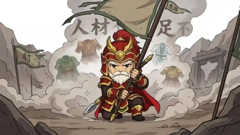 蜀の老将・廖化が戦場で膝をつき、巨大な旗を支える2Dアニメ風ちびキャライラスト。「人材不足」の文字が漂う中、関羽や諸葛亮ら亡き英雄たちの鎧が幻影として浮かびます。重圧に耐えつつも、旗の先に「先鋒」の小旗を掲げようとする姿が、蜀の末期を一人で背負い続けた廖化の決意を表現しています。
