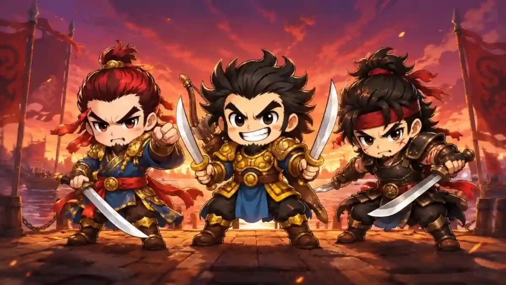 甘寧・太史慈・周泰のちびキャラが武器を手に並び立つイラスト。長江の戦場と軍旗を背景に、呉を代表する個性派猛将たちの勇猛さと結束を描いた熱い場面。