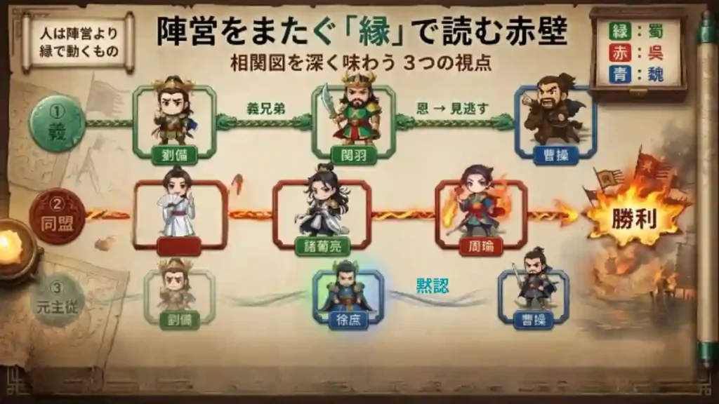 赤壁の戦いの人物関係を「義」「同盟」「元主従」の3つの「縁」に基づき図解。SDキャラの劉備、関羽、曹操、諸葛亮、周瑜、徐庶らが描かれ、陣営を超えたつながりや恩、同盟による勝利、元主従関係による黙認などを解説している。