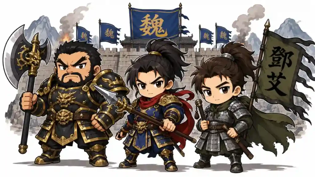 張遼・典韋・鄧艾の三国志武将3人が並ぶちびキャライラスト。魏の旗と城壁を背に、それぞれ槍・大斧・軍旗を構えた勇ましい構図。