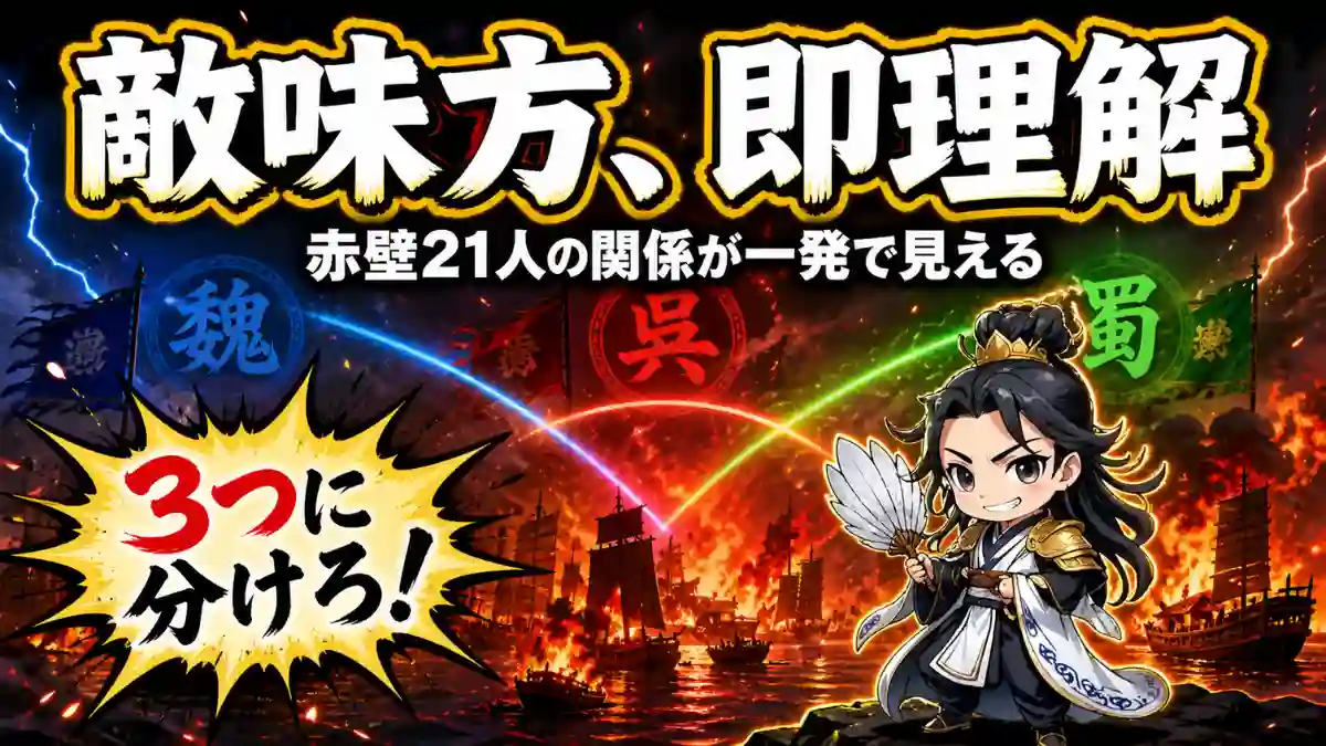 赤壁の炎上する戦場を背景に、諸葛亮のチビキャラが扇を持ち「3つに分けろ！」と指示、魏・呉・蜀の関係を一目で理解できる赤壁の戦い人物相関図のアイキャッチ画像