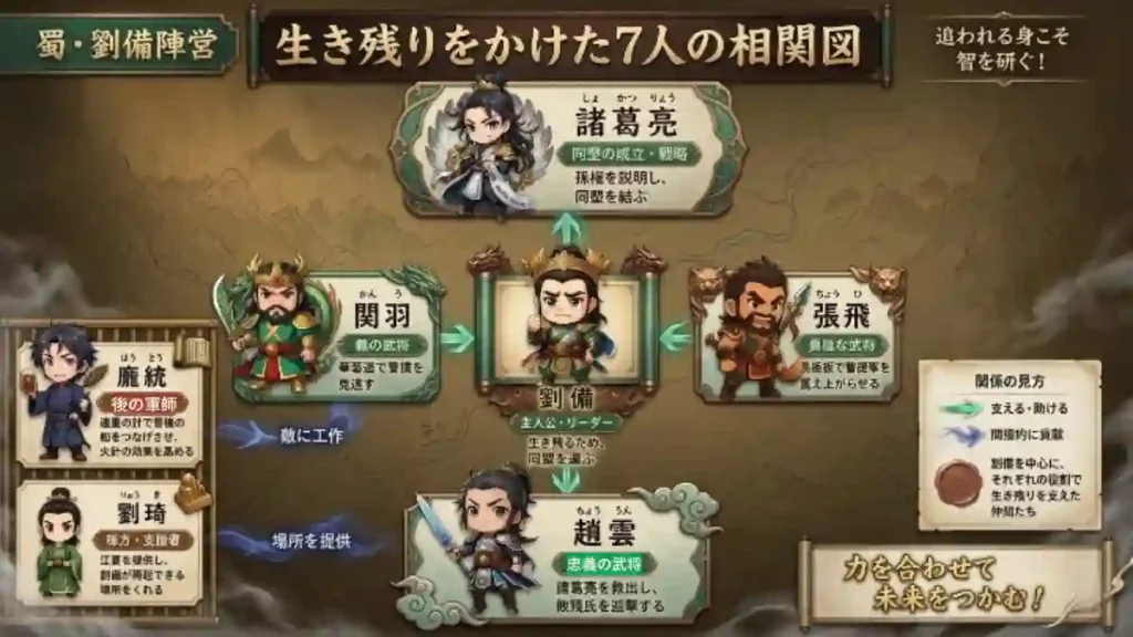 「蜀・劉備陣営 生き残りをかけた7人の相関図」。主人公の劉備を中心に、諸葛亮、関羽、張飛、趙雲が直接支える関係性を図解。左側には龐統の工作や劉琦の場所提供といった間接的な貢献も配置。追われる身から力を合わせて未来を掴む7人の絆を、高級感のある和風デザインとちびキャラで分かりやすく表現しています。