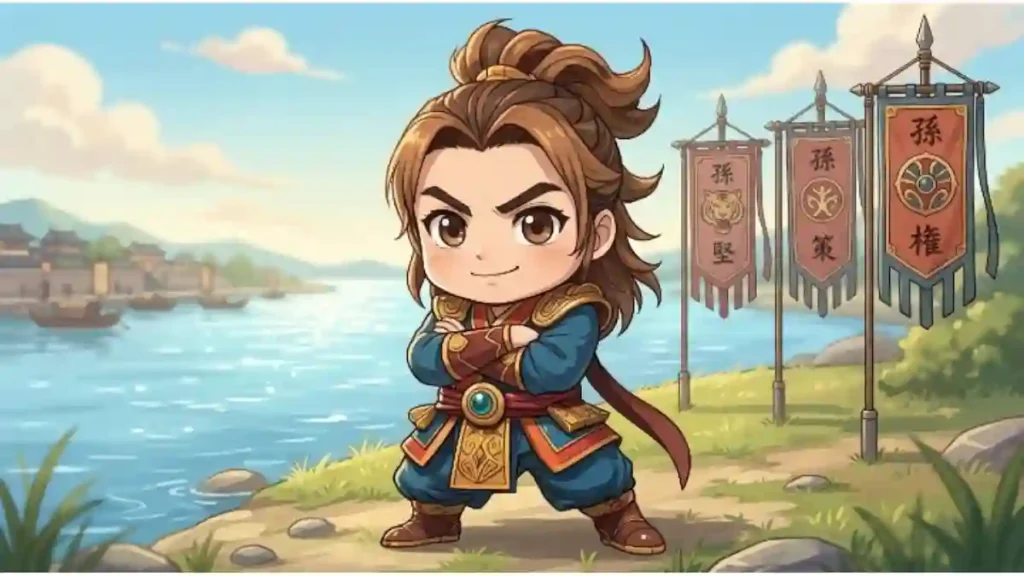 長江のほとりで腕を組む孫権のちびキャラのイラスト。背後には孫堅・孫策・孫権の三代を象徴する3本の旗が立ち、青い水辺と空が広がる爽やかな背景。ブログの見出し下を補足する、温かみのある2Dアニメ調のシンプルなデザイン。