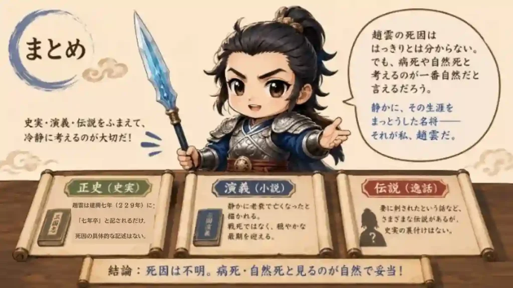 趙雲死因をテーマに、正史・演義・伝説の3つの巻物を前にした趙雲が、病死・自然死説を穏やかに語りかけるちびキャライラスト。