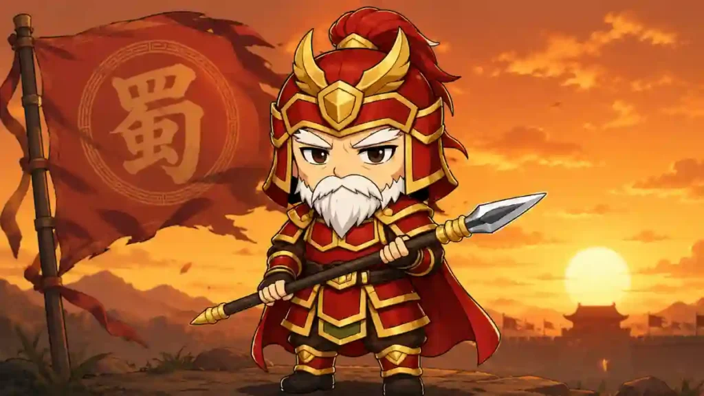 夕焼けを背に蜀の旗の前で槍を構える、白髭の老将・廖化のちびキャライラスト。赤と金の鎧をまとった2Dアニメ調の三国志風デザイン