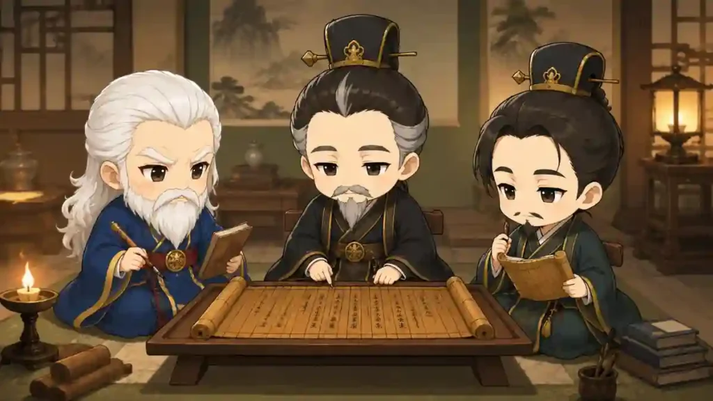 張昭・顧雍・諸葛瑾のちびキャラが竹簡を囲み、書物や筆を手に知恵を出し合う場面。燭台と文机が置かれた宮殿の一室で、呉の名臣たちの知的で穏やかな会議風景を描いている。
