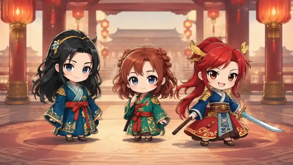 大喬・小喬・孫尚香のちびキャライラスト。呉を代表する3人の女性が宮殿の柱と赤い灯籠を背景に並び立ち、それぞれ異なる表情と衣装で華やかな宮廷の雰囲気を表現している。