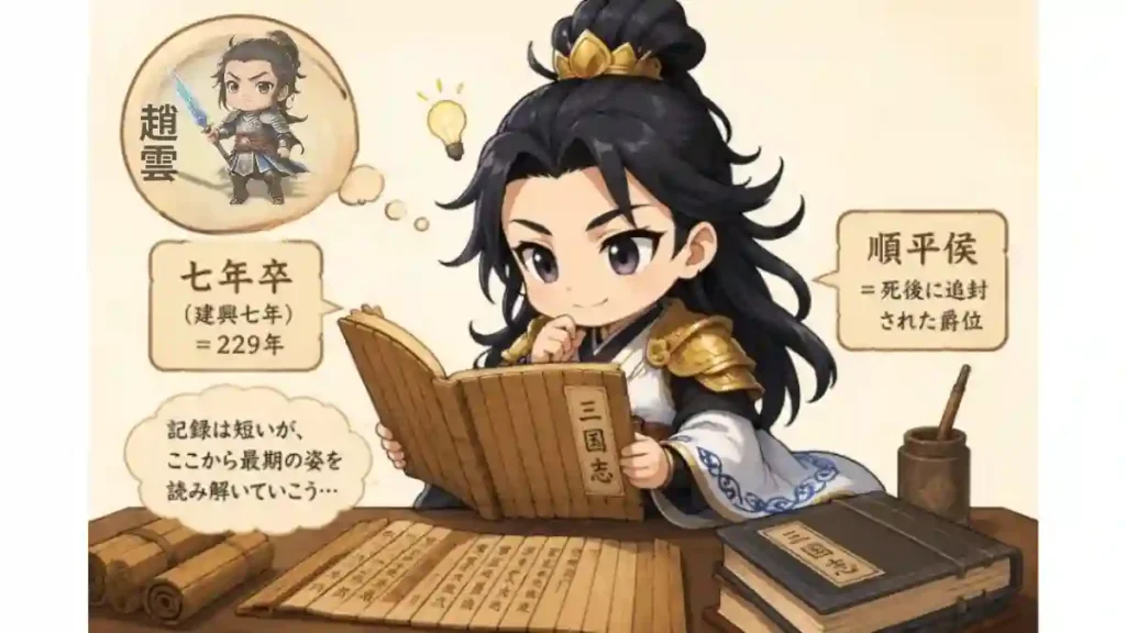 諸葛亮が竹簡や『三国志』の書物を開き、「七年卒」「順平侯」の記録を丁寧に読み解きながら、趙雲の最期を考察するちびキャライラスト。