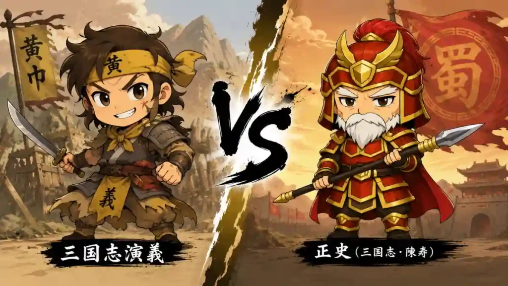 alt="三国志演義と正史の廖化を比較した2Dアニメ風ちびキャライラスト。左は黄巾賊風の若い廖化、右は蜀の老将となった廖化を対比して描写"