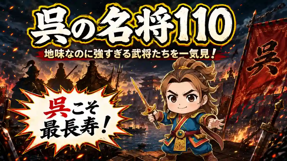 呉の名将110人を紹介するアイキャッチ画像。孫権のちびキャラと戦場背景で、呉の武将一覧の魅力を表現