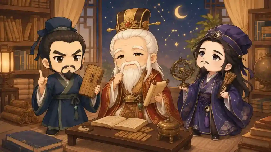 虞翻・吳範・士燮のちびキャラが書物や占い道具を囲み、星空の見える書斎で穏やかに語らう、知的で落ち着いた雰囲気のイラスト。