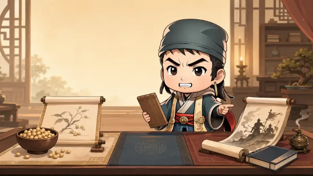 賈詡のちびキャラが机の上で豆の詩と三国志演義の描写を見比べ、七歩詩の違いを整理している挿絵