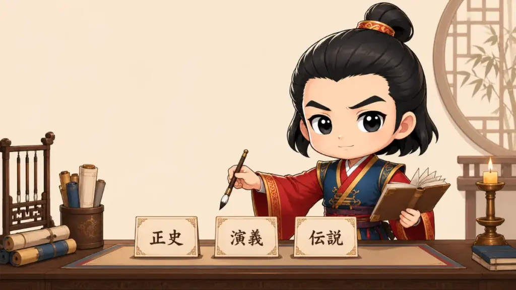 荀彧のちびキャラが筆と書物を手に、机の上の「正史」「演義」「伝説」の札を示しながら、七歩詩の史実性をやさしく整理する挿絵