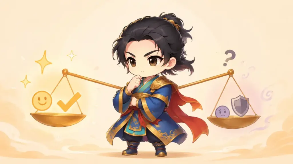 周瑜のちびキャラが良い点と気になる点を天秤にかけ、買う前の不安や判断材料を冷静に考えるイラスト