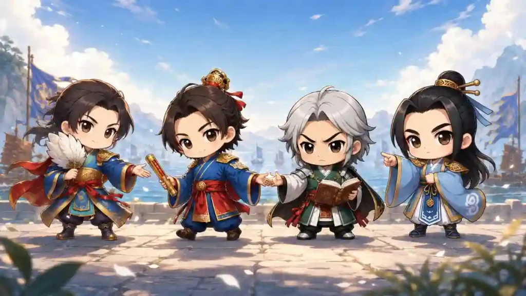 周瑜・魯粛・呂蒙・陸遜のちびキャラが横一列に並び、都督の役割を受け継ぐリレーを表現したイラスト。長江と軍船を背景に、呉の四大都督の知略と結束を描いている。