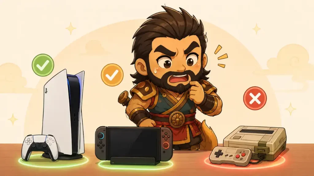 張飛のちびキャラがPS5とSwitch2、×印の古いゲーム機を前に慌て、対応機種の注意点を示すイラスト