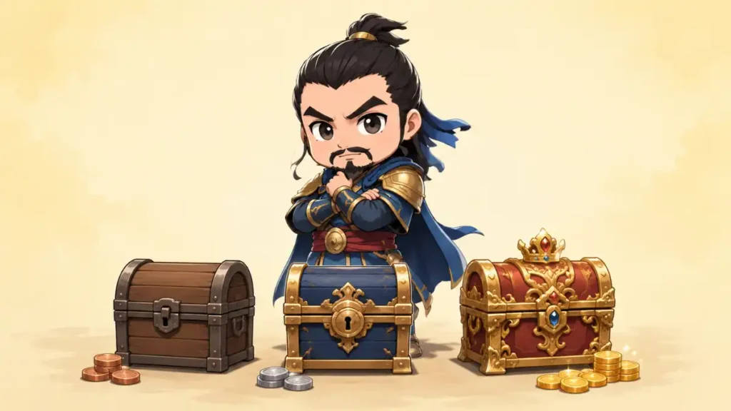曹操のちびキャラが3つの宝箱の前で腕組みし、通常版・Deluxe・TREASURE BOXの価格選びを促すイラスト