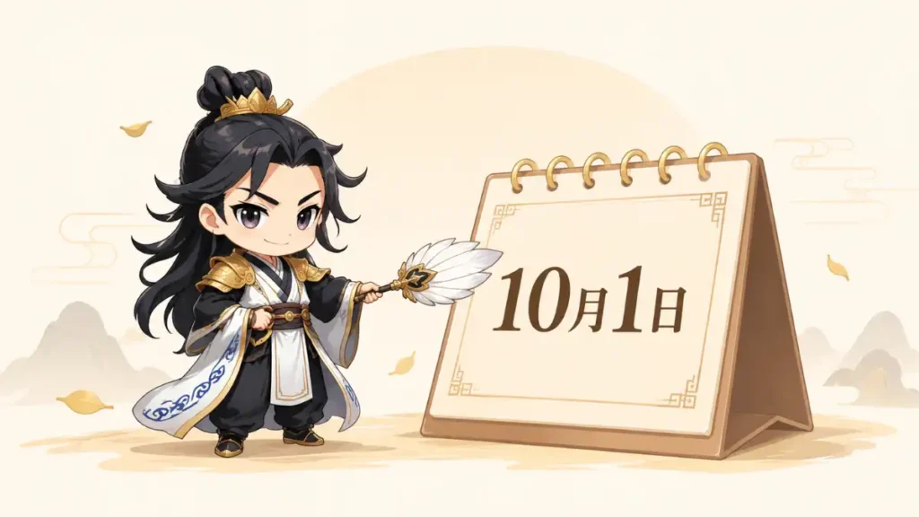 諸葛亮のちびキャラがカレンダーの10月1日を扇で指し示し、発売日決定を落ち着いた雰囲気で伝えているイラスト