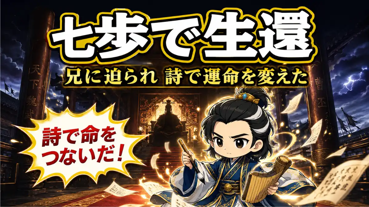 曹植七歩詩をテーマに、宮殿で巻物と筆を手に決意する曹植のちびキャラアイキャッチ画像