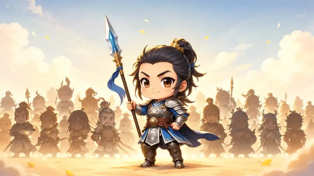 趙雲のちびキャラが槍を構え、背後に並ぶ多くの武将シルエットと新たな仲間の参戦を明るく伝えるイラスト