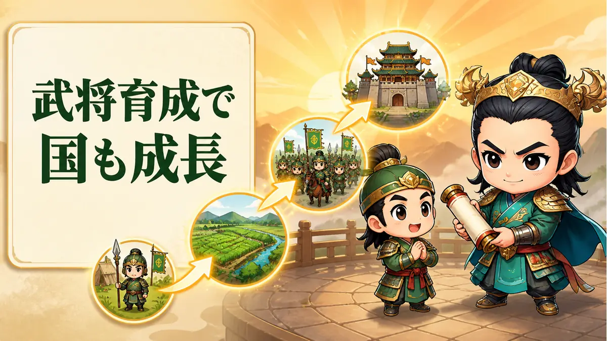 三國志14CEの功労と方策により、劉備が武将を昇格させ「武将育成で国も成長」と示す場面